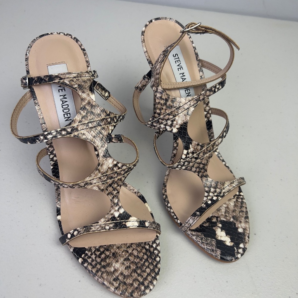 Steve Madden Sprung Sandals Womens 8M Brown Snakeskin Strappy Stiletto SPRU01S1